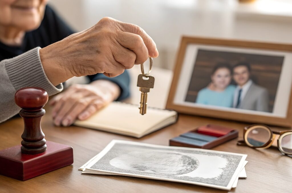 Eine ältere Person übergibt einen Hausschlüssel neben Rechtsdokumenten, einem Stempel und einem Familienfoto. Konzept der Erbschaft, Immobilienübertragung, Eigentumsrechte, Testament und Familienerbe.