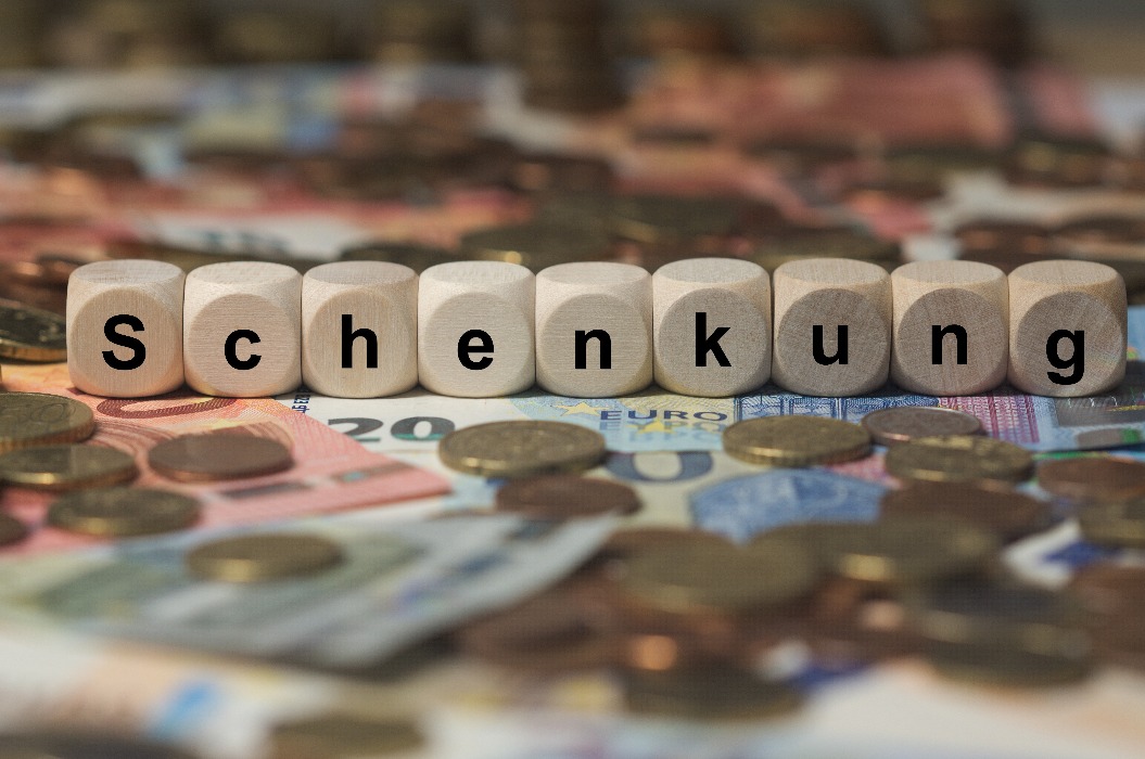 schenkung - Holzwürfel mit Buchstaben im Hintergrund mit Geld, Geldscheine